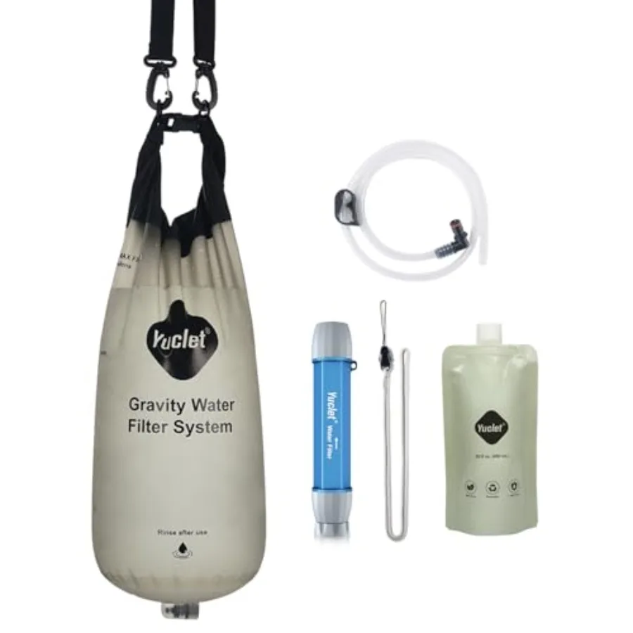 

System 2-Gal Bag and 0.1-Micron Straw -Fed Filtration System Purifier Survival for Camping Backpacking Hiking and Emergency Pre