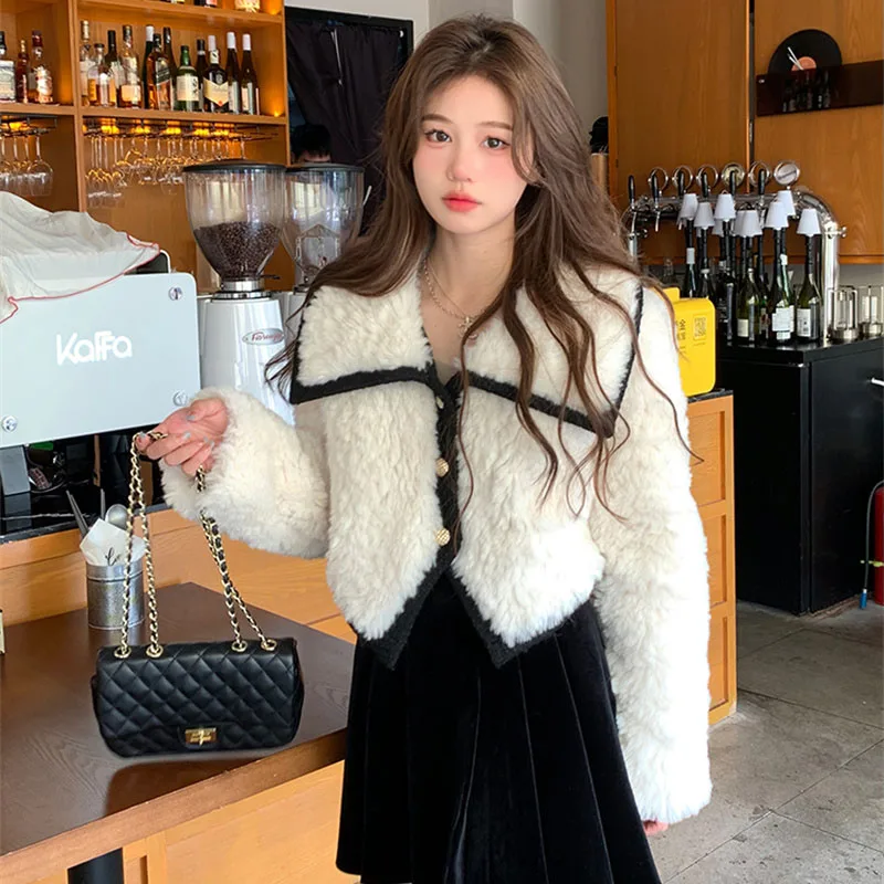 White Large Lapel Milk White Fur Coat plush coat Autumn And Winter Thickened Short Velvet Plush Top Lamb Wool Coat Plush Coat