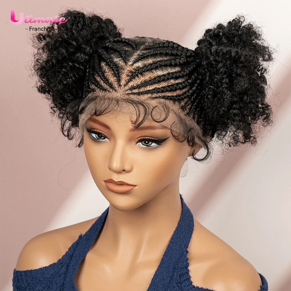 6 Inch Afro Cornrow Braided Wigs with Baby Hair Synthetic Full Lace Braid Wig Double Ponytail Bun Head Knotless Wig