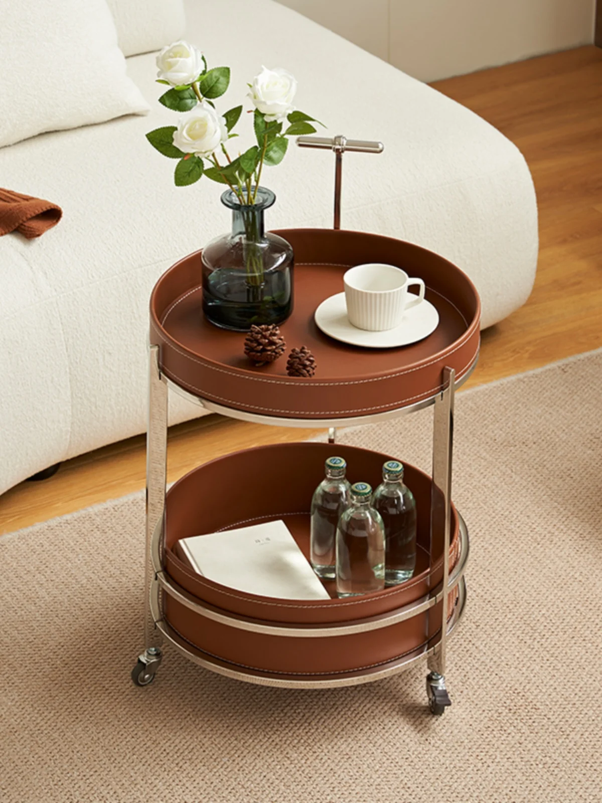 

Simple round living room movable cart sofa side few light luxury multi-functional storage saddle leather snack cart