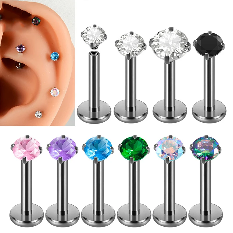 10Pcs G23 Titanium Piercing Labret Lip Stud Internally Threaded Zircon Ear Stud Helix Cartilage Tragus Body Jewelry Wholesale