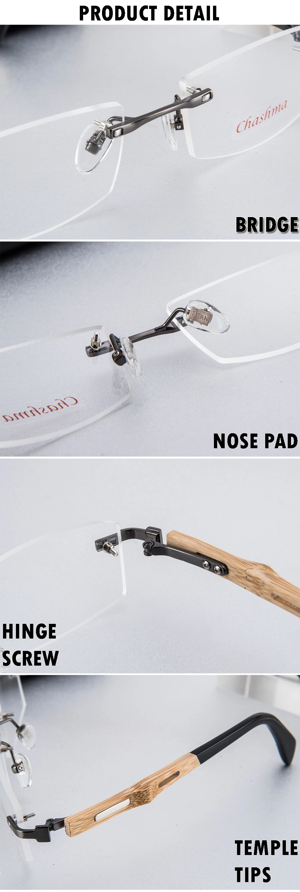 Chashma Marke Reinem Titan Rahmen Bambus Holz Brillen RX Männer Randlose Holz Brillen – Detail 9