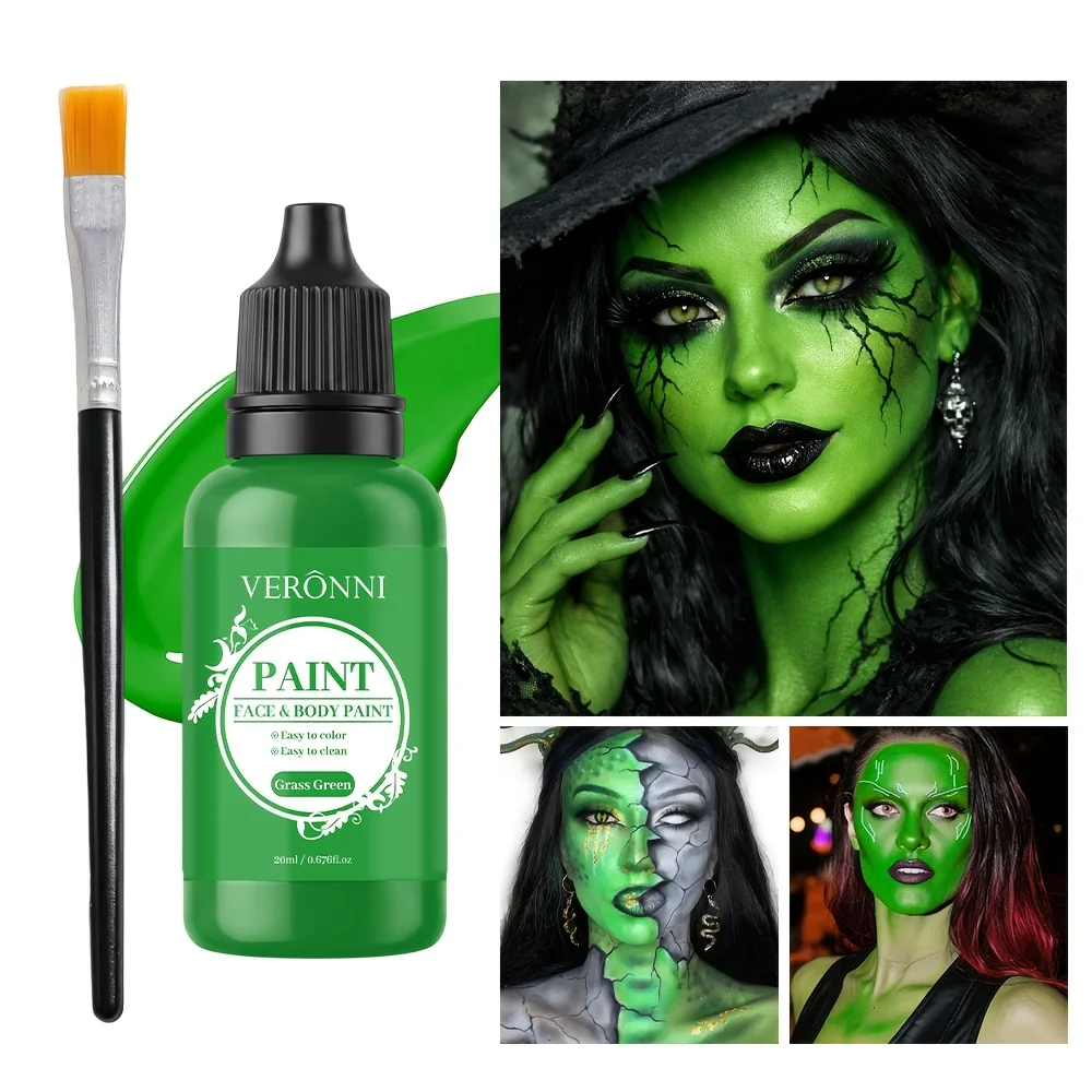 Professional Face & Body - Temporary Tattoo Makeup with Brush,Monochrome Grass Green for Cosplay,SFX Tattoos Makeup