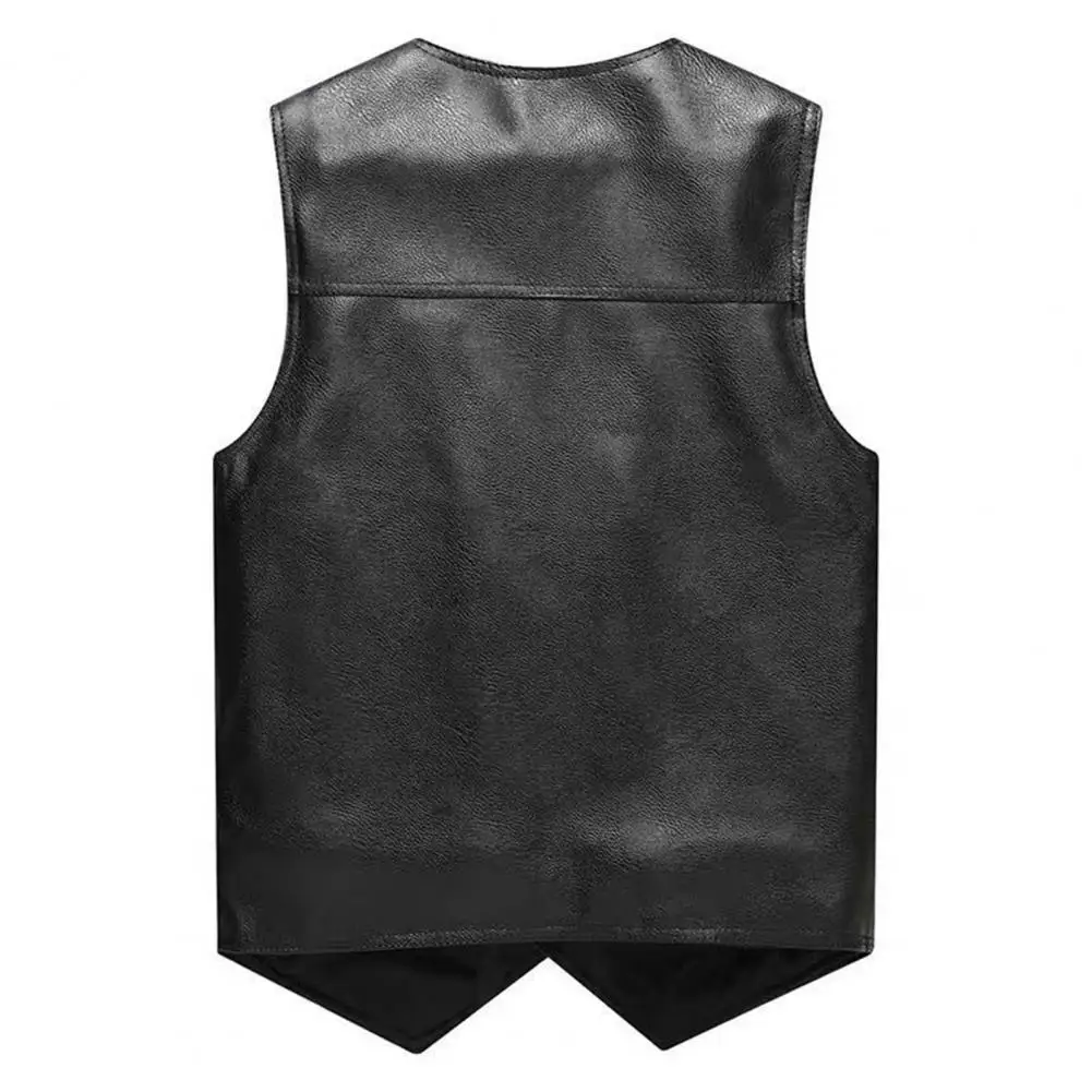 

Men Warm Waistcoat Stylish Mid-aged Men's Faux Leather V Neck Vest with Plush Lining Warm Windproof Multi-pocketed Winter