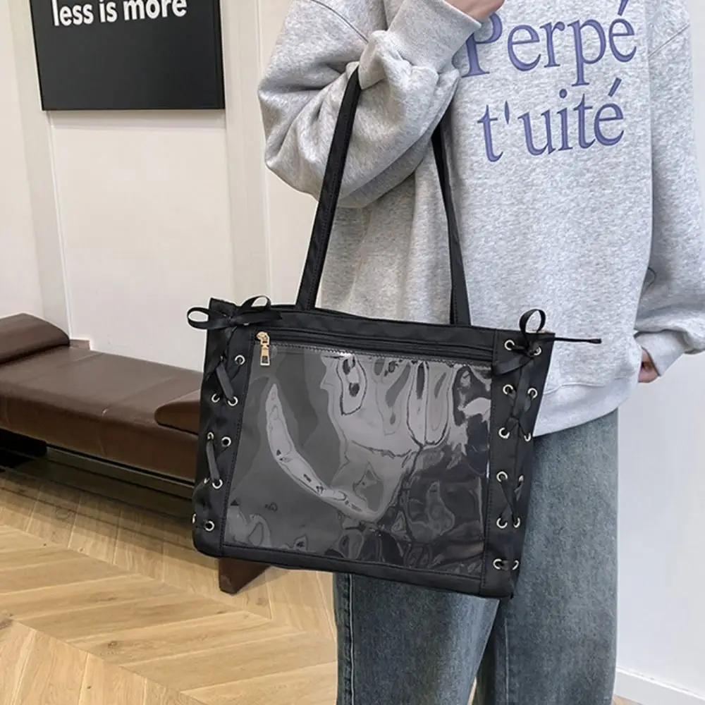 

Pouch Bag Single Badge Itabag Simple Itabag Cross Ribbon Lace-up Transparent Pocket PU Solid Color Shoulder Bag Women