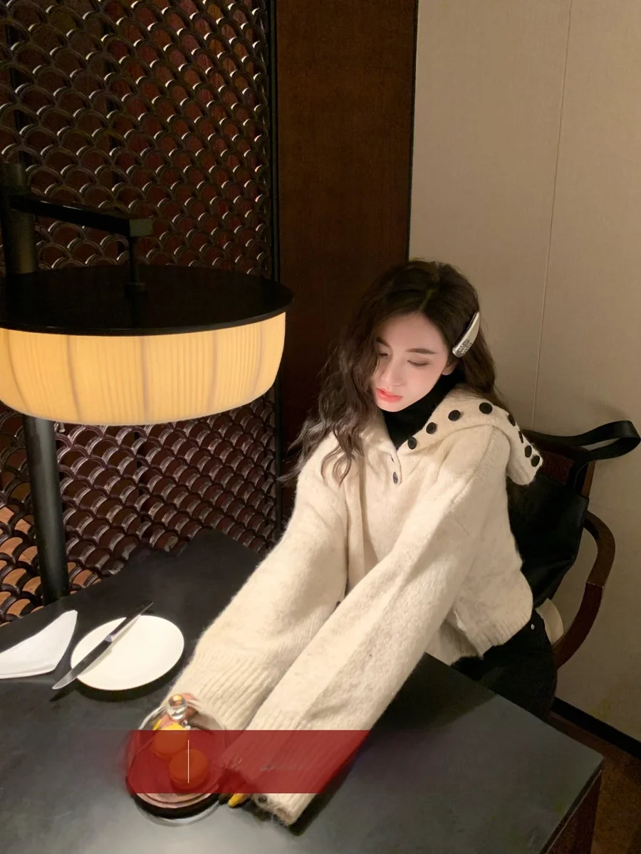 

Nordic Grey High Neck Sweater Women's Loose Button Knitted Top Autumn Winter Fashion Commute Style Polyester Blend Long Sleeve