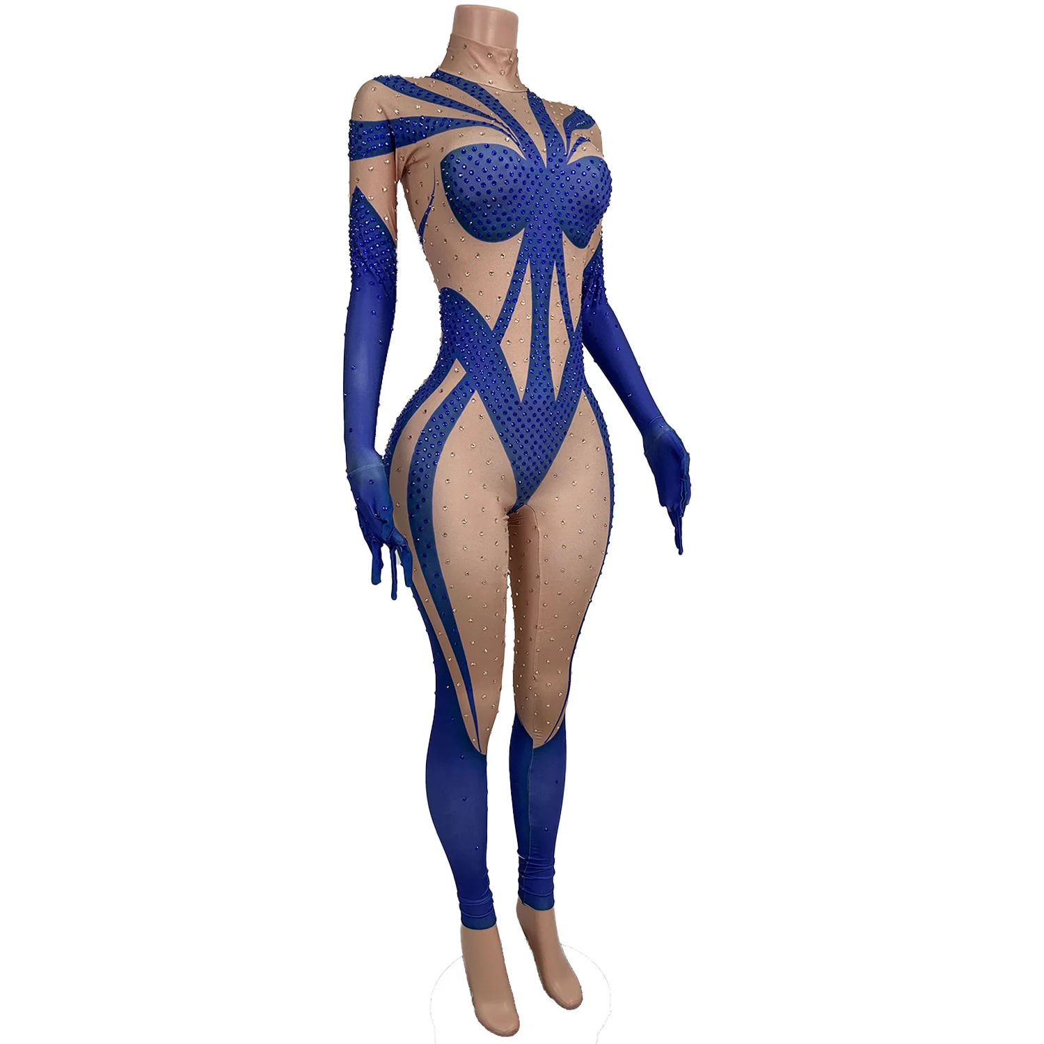 

Sexy Long Sleeves Rhinestone Spandex Jumpsuits Live House Festival Costume Women Showgirl One Piece Bodysuit Pole Dance Leotard