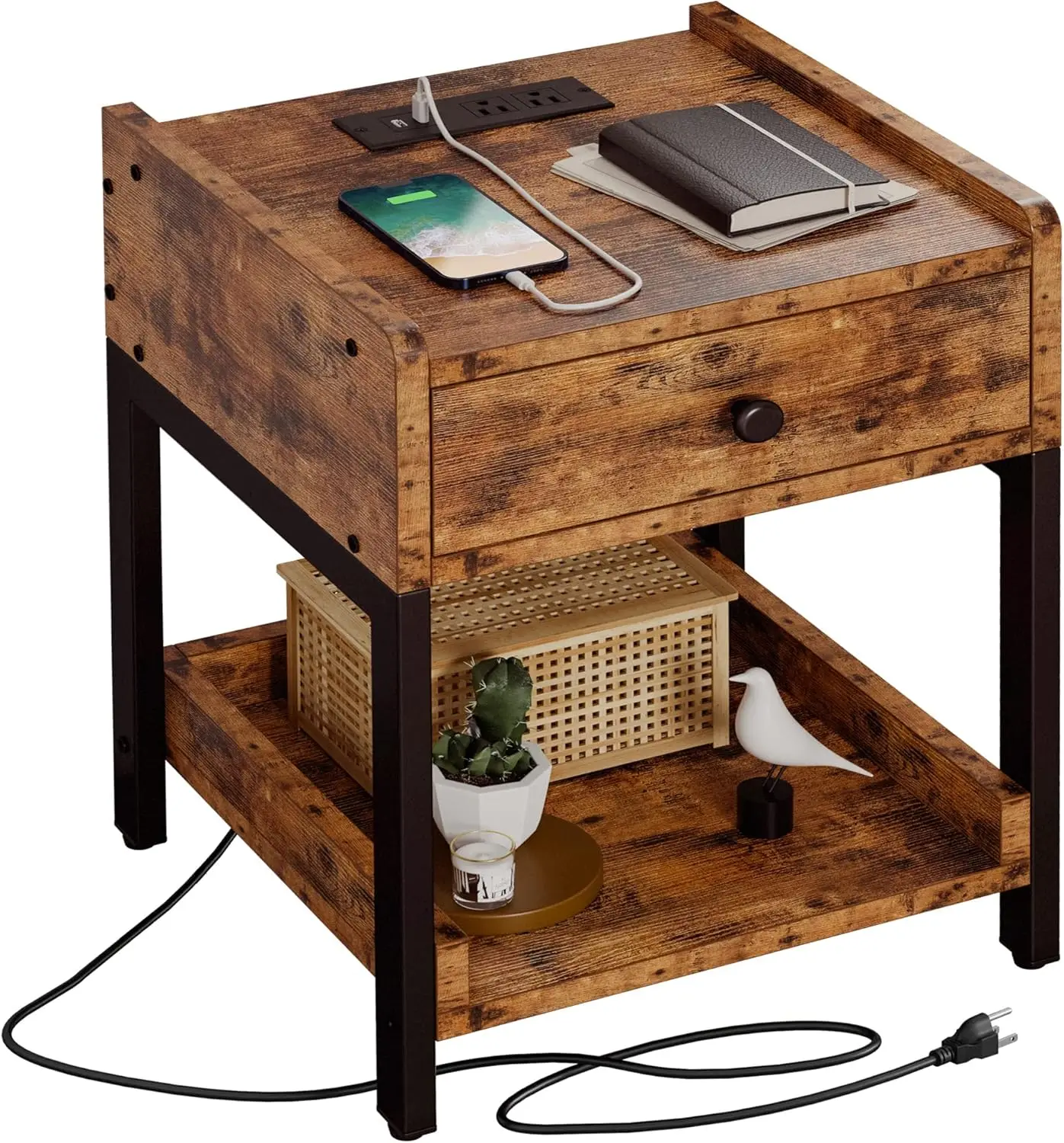 

Nightstand, Bedside Table with Charging Station, Small End Table with Storage Drawer and Shelf for Bedroom and Living Room, Easy
