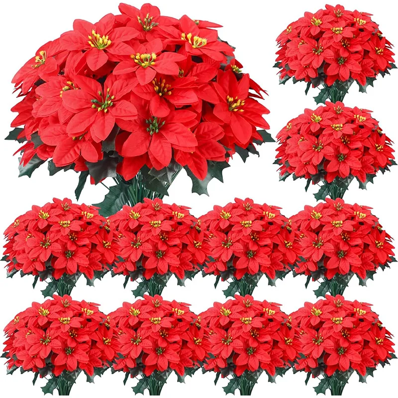 

1Pcs Artificial Poinsettia Flowers 7 Heads Faux Poinsettia Bush Bouquets for Outdoor CemeteryWreath Wedding Garden Decorations