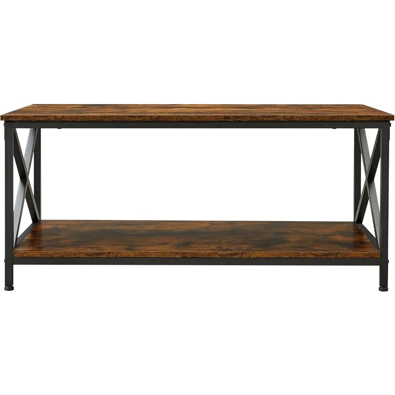 Table basse avec étagère de rangement, table cocktail, cadre en acier en forme de X, 39.4x21.7x17.7 amaran, marron rustique et noir