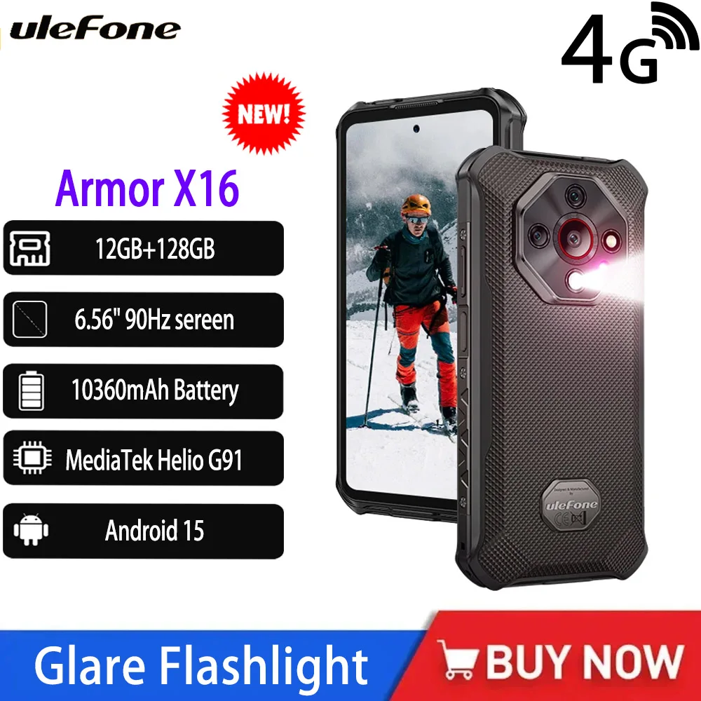 Ulefone Armor X16 4G Прочный 10360 мАч До 12 ГБ 128 ГБ 120 Гц 6,56 дюйма NFC Android 15 Смартфон Ночная камера Блики Фонарик Телефон