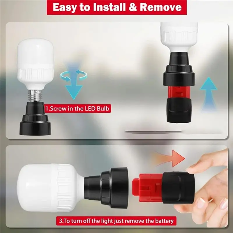LED Work Light For 12V Li- Battery E27 Light Bulb Socket Adapter Spiral Emergency Light Adapter