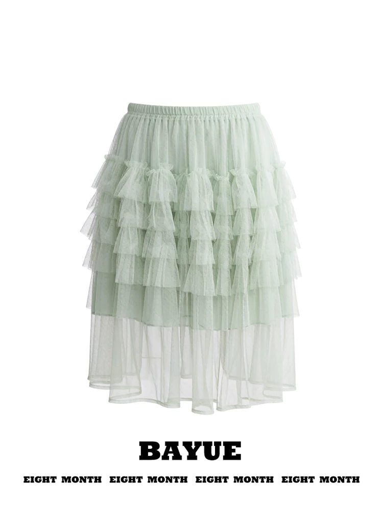 Mint Wave Green Lace Half Skirt Layered Cake Skirt Miu Series Sweet Elastic Waist A-Line Puffy Midi Skirt Women's Fashion