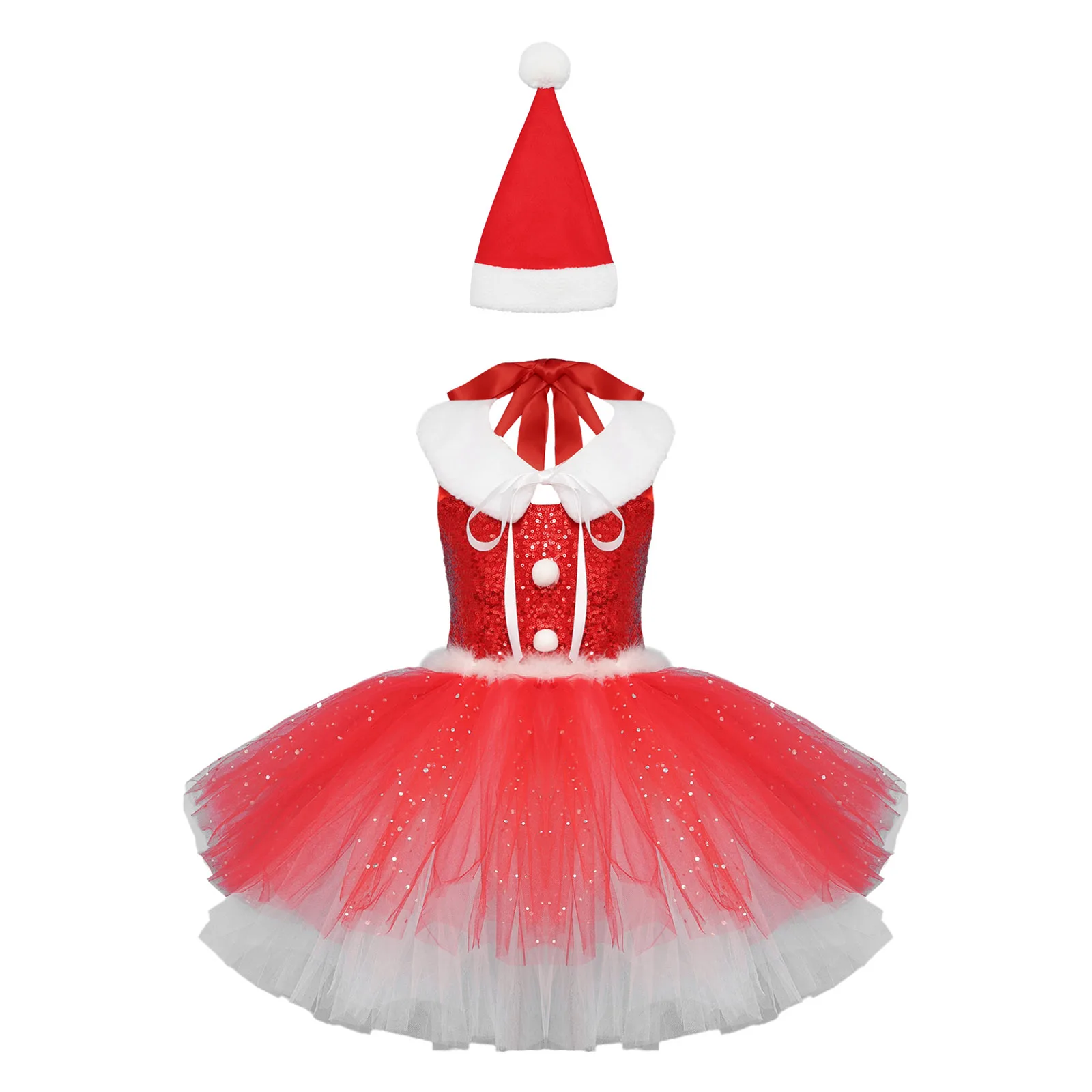 Girls Sequin Santa Claus Costume Christmas Ballet Tutu Dress Hanging Neck with Santa Hat Flannel Collar Stage Show Xmas Elf Suit