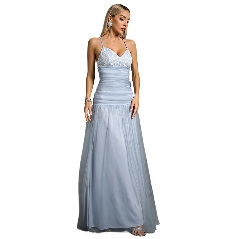 

French Sexy V-neck Spaghetti Straps Lace Embroidery Backless Long Formal Evening Dress Light Blue