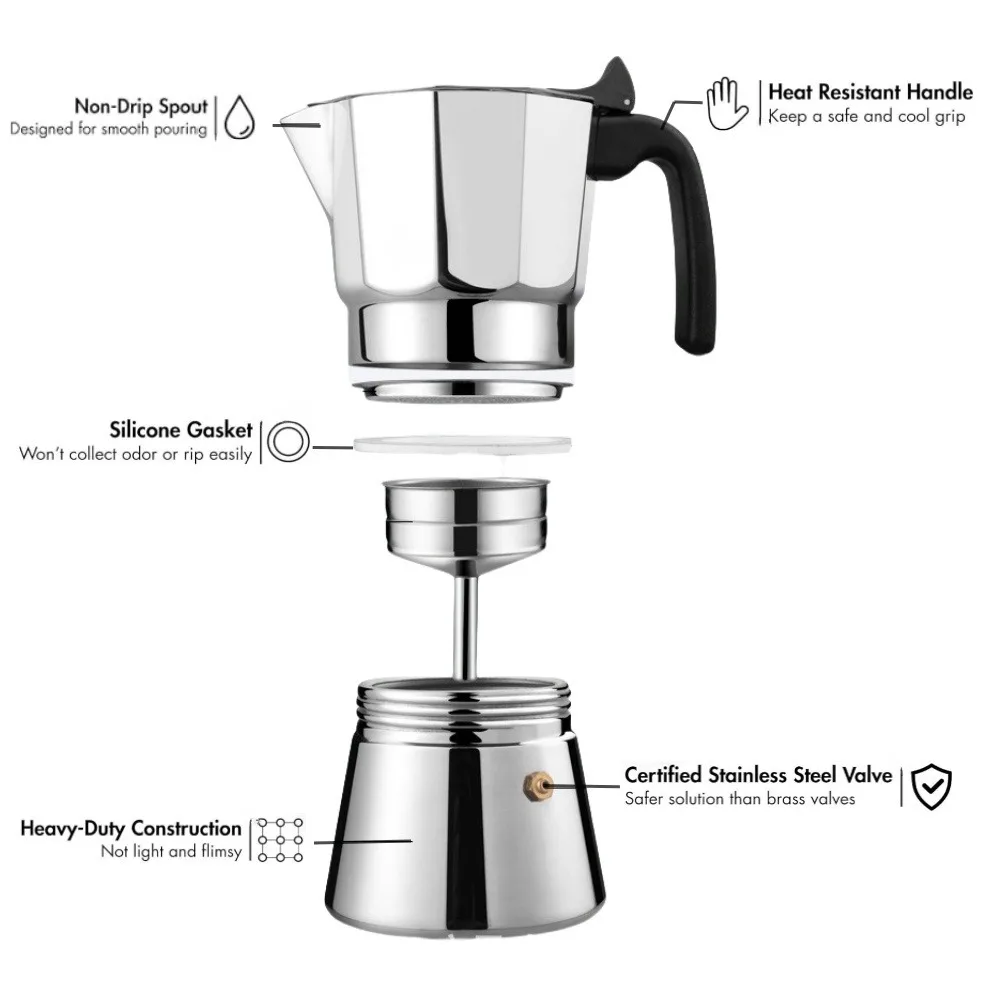 Stovetop Espresso and Coffee Maker, Moka Pot for Italian and Cuban Café Brewing, Coffee Machine, Cafeteras, 150ml&300ml Capacity