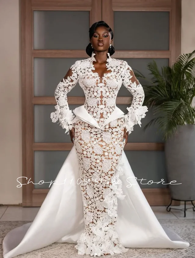 Fishtail Bridal Gown V-neck Openwork South African Long-sleeved Embroidered Train Black Wedding Dress for Black Girls Customized