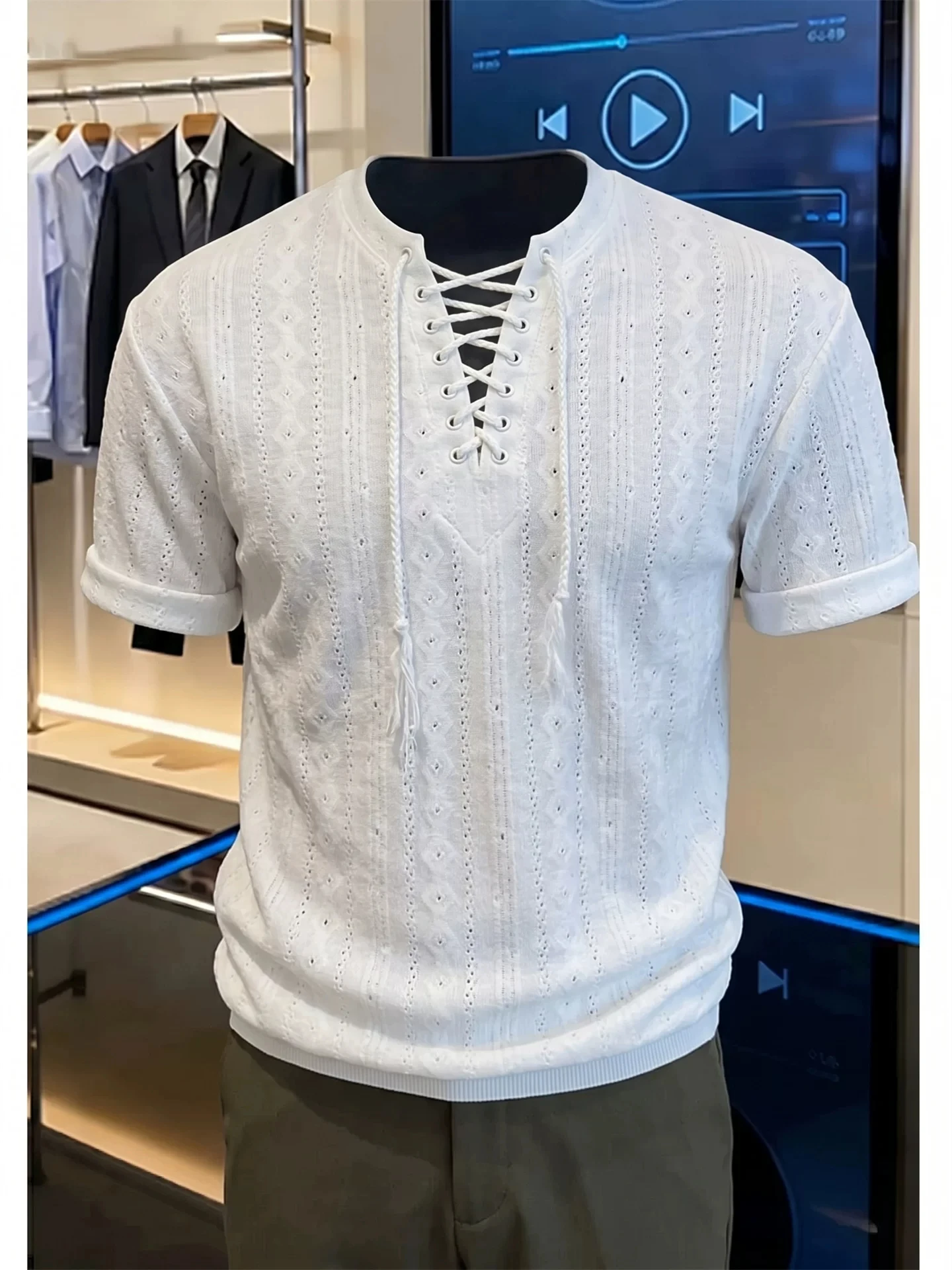 White Hollow out Belted V-Neck Short Sleeve Men's T-Shirt Summer Unique Design Premium Half Sleeve Stripe Embroidery Shoulder...