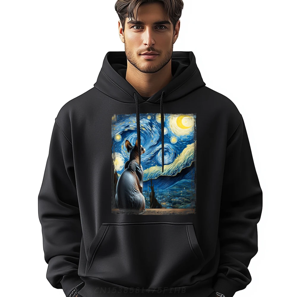 

Van Gogh Starry Night Style Artistic Sphynx Cat White Hoodie Men Hoodie Printing Christmas Sweater