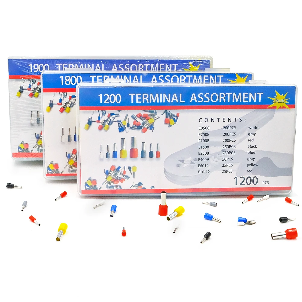 1900Pcs Insulated Crimp Ferrule Terminals Kit, Brass Wire Cord Ends with PA66/UL94V-0 (E0508/E7508/E1008/E1508/E2508/E4009/E6012