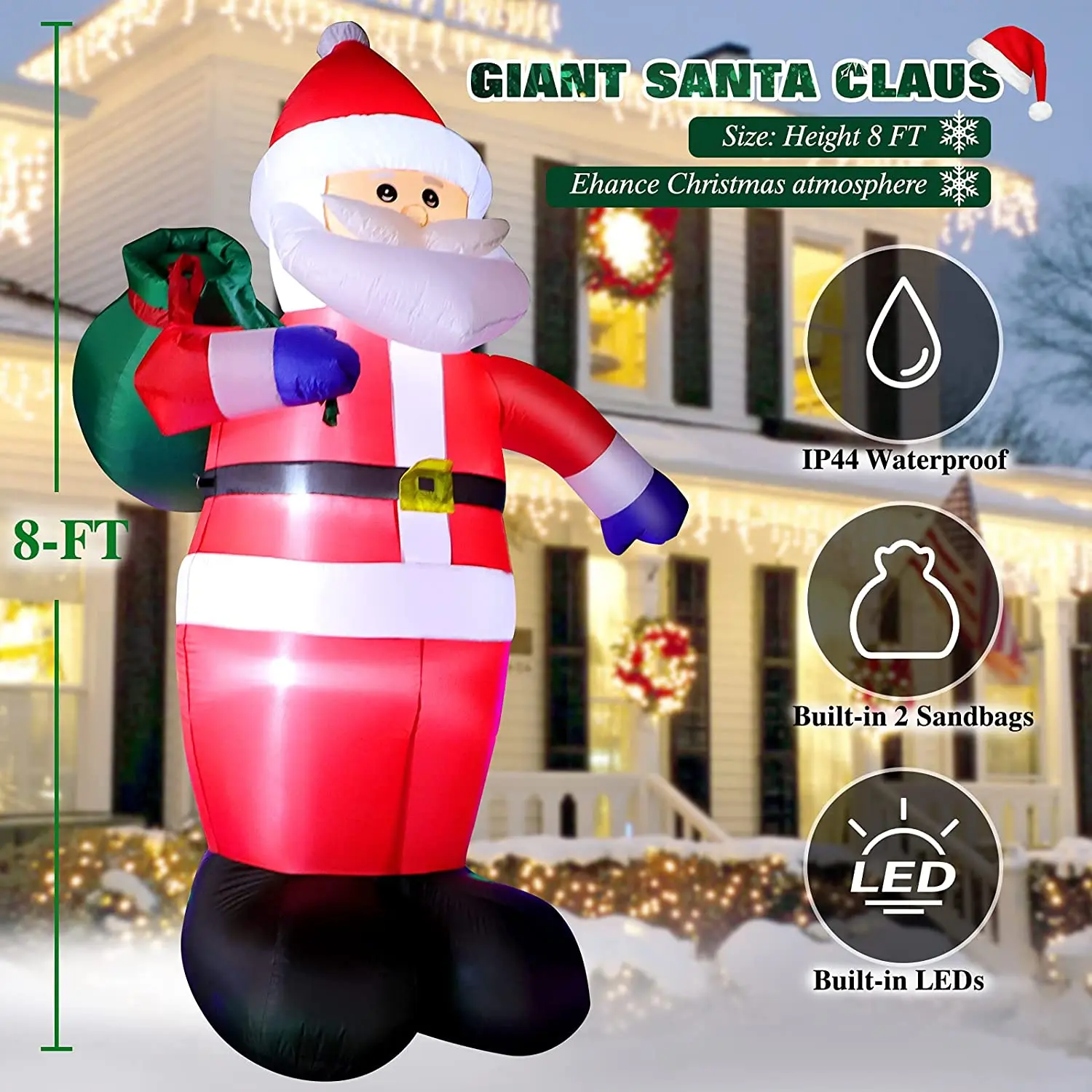 

8 FT Christmas LED Lighting Inflatable Santa Claus Outdoor Decoration Courtyard Weatherproof Holiday Party Souvenir Fangle