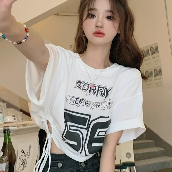 2024 Summer Loose Design Sense Casual T-Shirt with Drawstring and Waistband for Women