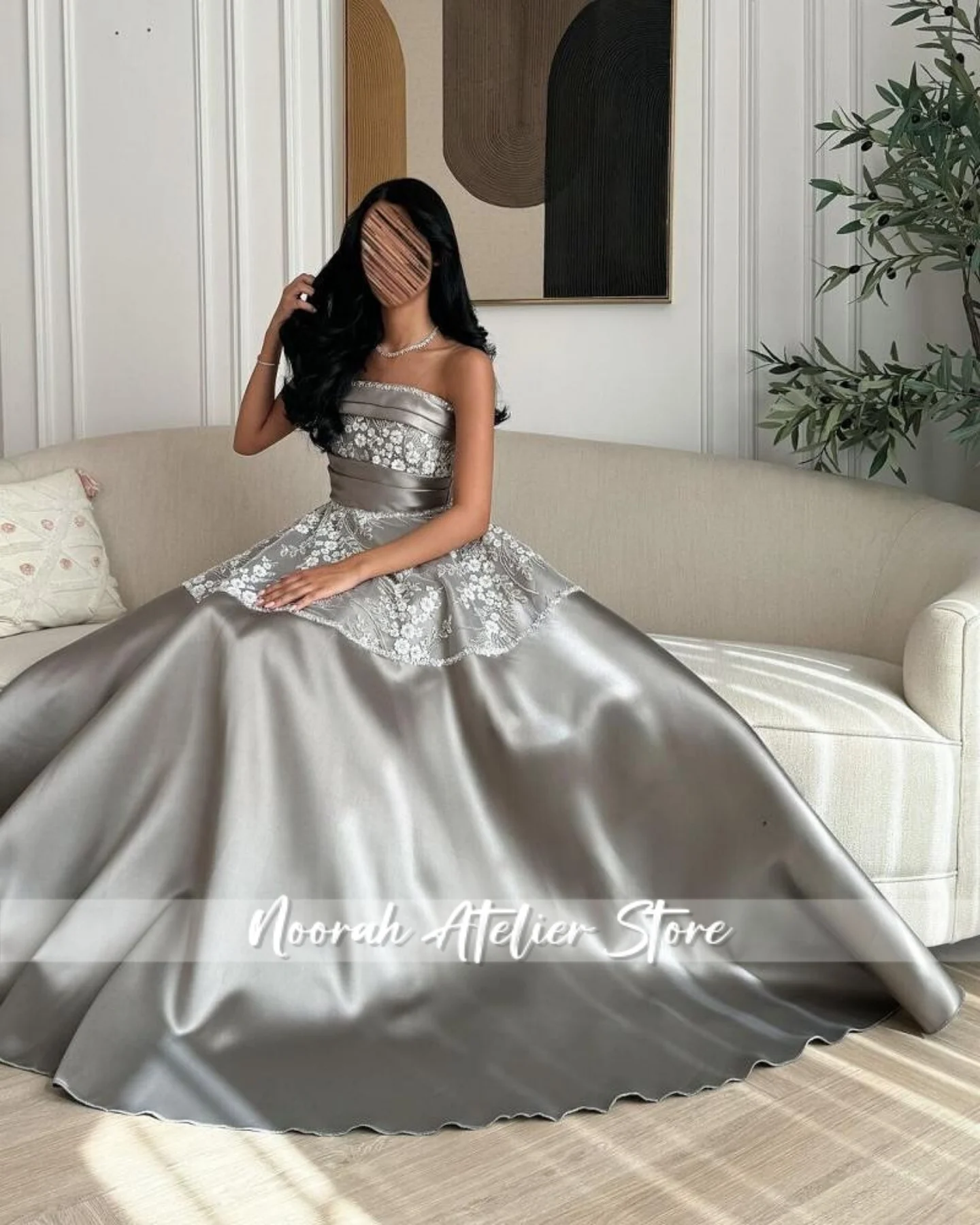 그레이 얼룩 Strapless Aline 럭셔리 여성 이브닝 드레스 2025 여성 두바이 스팽글 꽃 긴 파티 가운 Vestidos 맞춤형