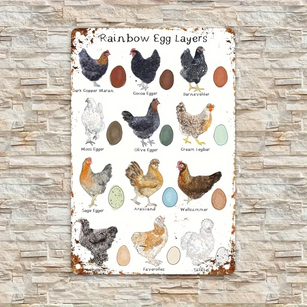 Vintage Chicken Breeds Metal Sign - Rustic Farmhouse Wall Art with Colorful Egg Design, Frameless Iron Poster for Home, Kitchen
