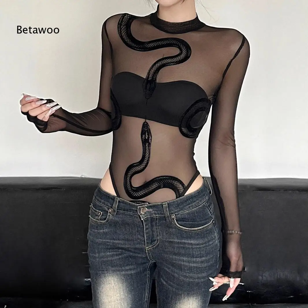 Stand Collar Long Sleeve Sheer Mesh Bodysuit Front Snake Embroidery High Cut See Through Slim Body Top