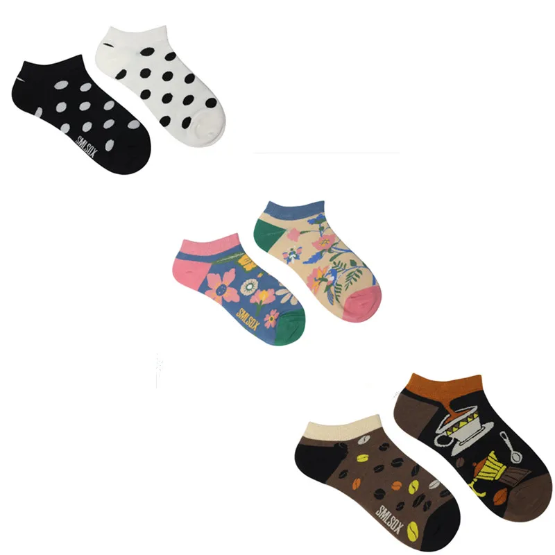 Women\'s Asymmetric AB Socks Ins Flowers Spots Coffee Ankle Sock Cartoon Colorful Sports Cotton Socks Men Women Socks Low Cut Sox