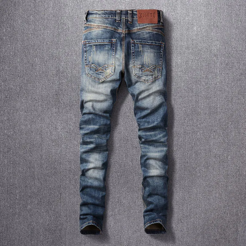 Calça jeans azul retro lavada masculina, elástica, slim fit, rasgada, calça jeans vintage, novo designer de moda, alta qualidade