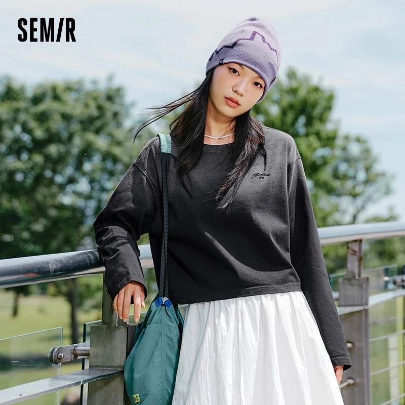 Semir Long Sleeve T-Shirt Women Short Plum Series Gradient Vintage 2024 New Autumn Loose Pure Cotton Long Sleeve T-Shirt