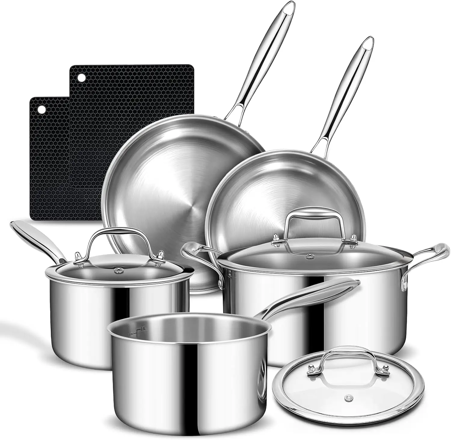 10 Piece 3 Ply Stainless Steel Cookware Set Induction Oven Safe 500F Chef Quality Pots Pans Fry Pans Saucepans Dutch Oven Kitche