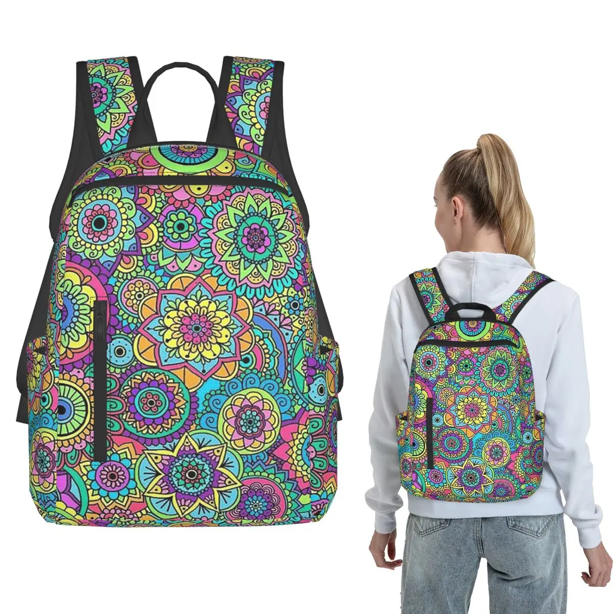 Psychedelic Summer Color Mandala Print Backpack Daypack Boys Girls BookBag School Bag Shoulder Bags for Men Women