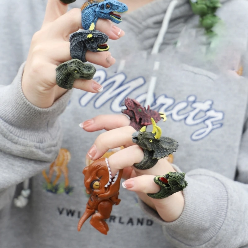 6Pcs Funny Finger Puppet Animal Rings Cartoon Interactive Toy Simulated Dinosaur Wildlife Open Rings Children Educational