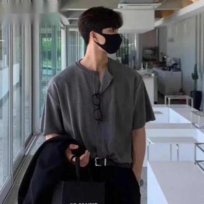 Korean Style Men's T-shirts Round Collar Short Sleeved Single Breasted Solid Color Casual Male Knitting Loose Tees 9WKBJF
