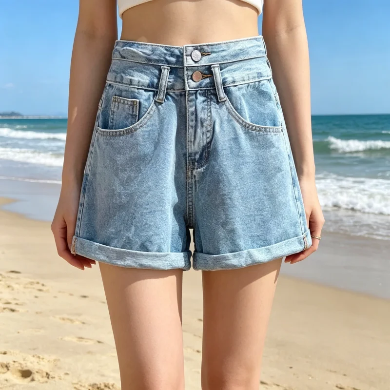 Double button high waisted denim shorts for summer 2026, loose and slimming, light colored black wide leg shorts