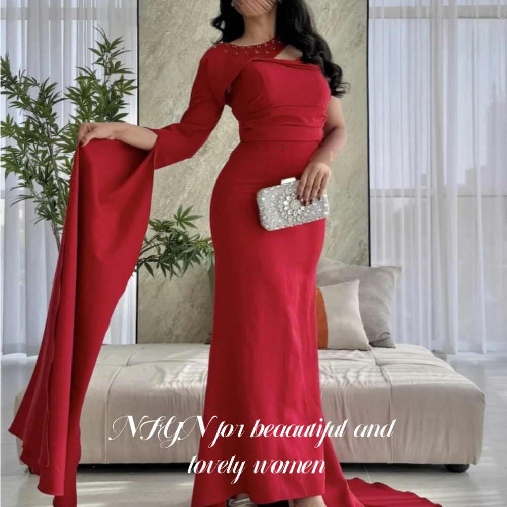 

NFYN Red Elegant Prom Gown Sweetheart Backless One-Shoulder Sleeve Party Dress Rhinestones Back Zipper Evening Dress Customized