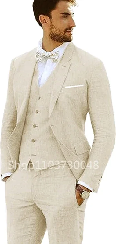 3 Piece High Quality Beige/Blue Linen Men Suits Casual Single Breasted Slim Fit Blazer Vest Pants Notch Lapel Costume Homme Sets