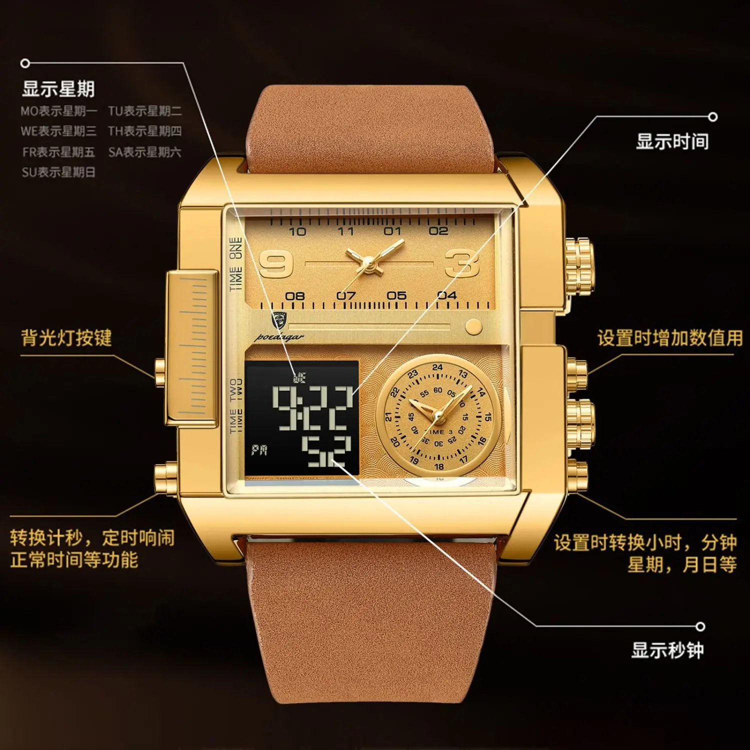 Luxury Man Wristwatch Rectangle Waterproof Luminous Day Week Men Watch Digital Multifunction Men's Watches Quartz Reloj - view 6