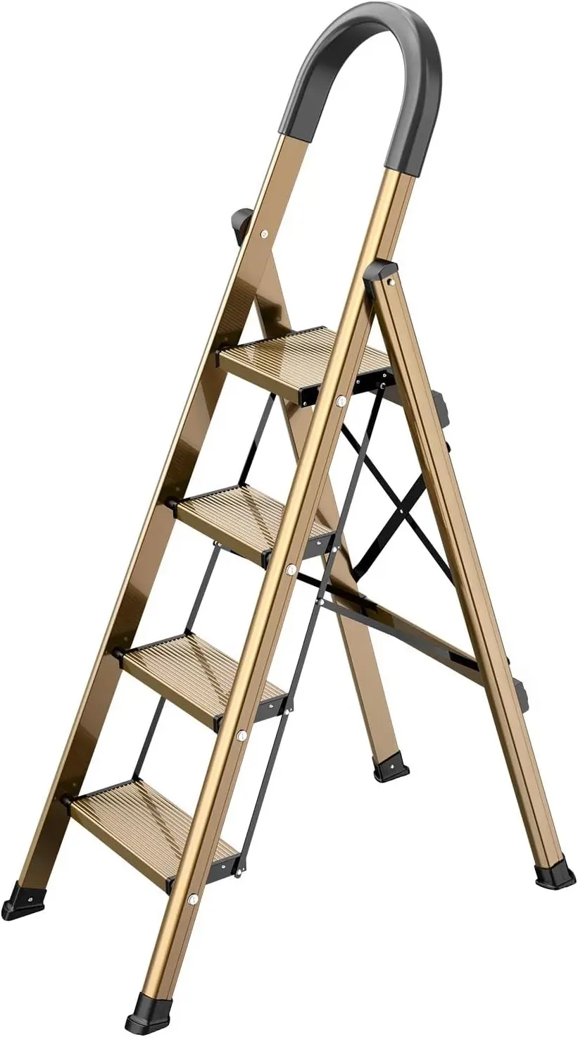 

Lightweight Aluminum Folding Step Stool with Anti-Slip Wide Pedal for Home Kitchen Space Saving Brown Gold