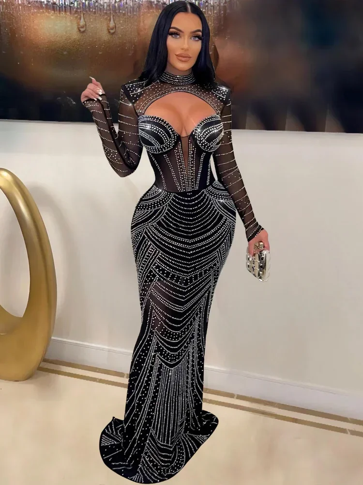 

KEXU Luxury Elegant Celebrity Evening Prom Dresses for Women Party Night Cut Out Diamonds Rhinestone Mermaid Bodycon Maxi Dress