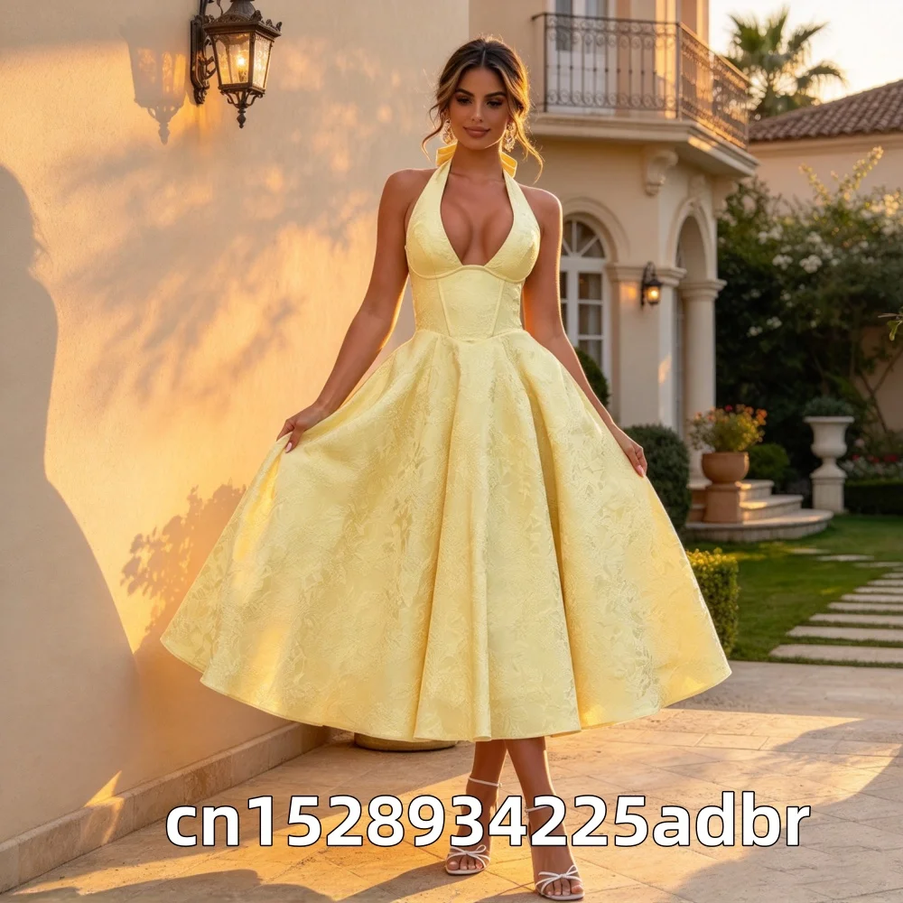 Evening Party Dresses Women Summer Sexy Bow Halter Long Dress Elegant Jacquard Lace Up Backless Birthday Robe