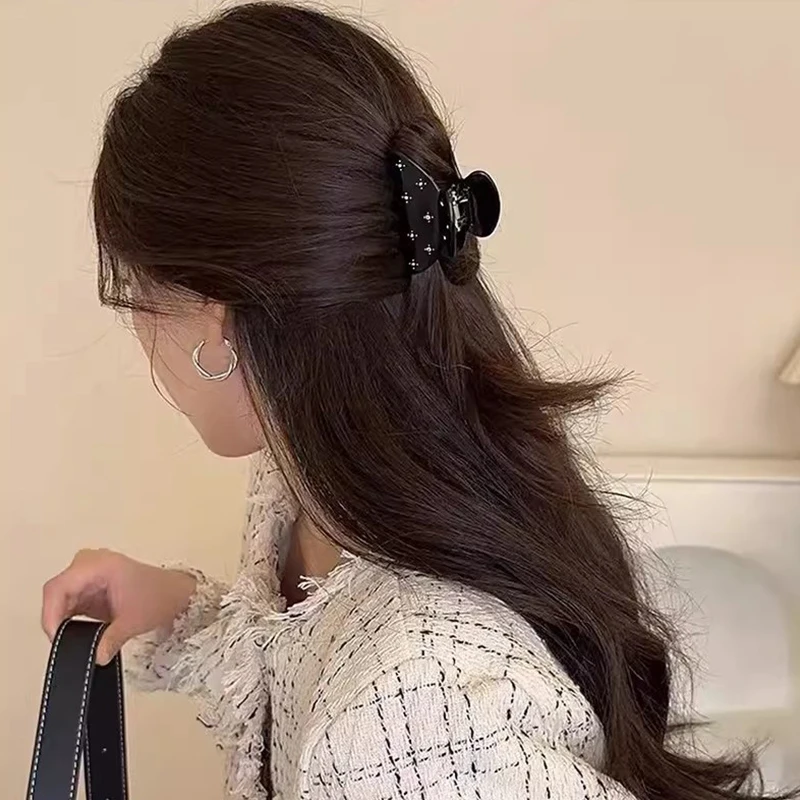 1 fermaglio per capelli in acetato tempestato di diamanti in stile coreano per donna, parte posteriore della testa, testa a forcina con fissaggio a coda di cavallo alta