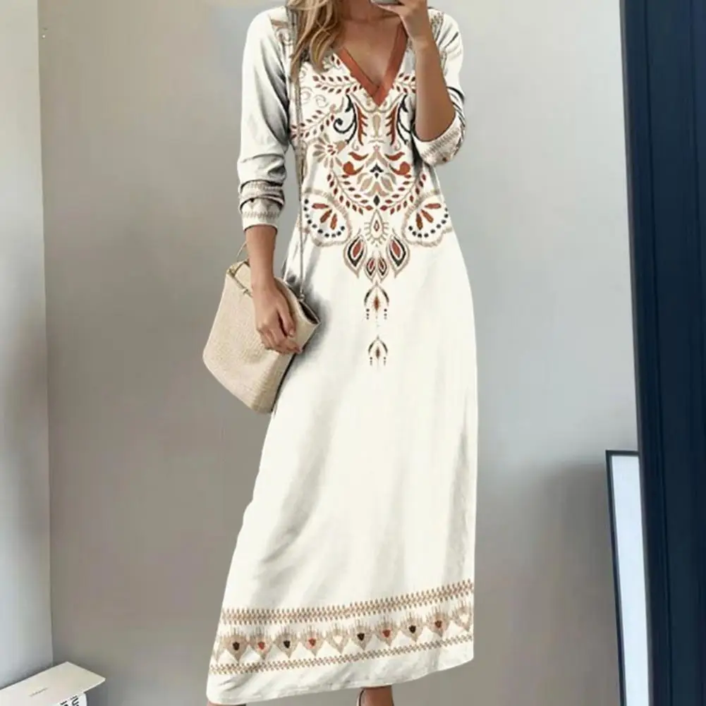 Women Spring Dress Ethnic Style Print V Neck Long Sleeve Bohemian Loose A-line Pullover Soft Breathable Ankle Length Daily Maxi