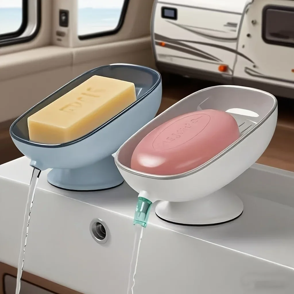 2-in-1 Badezimmer-Seifenhalter mit Saugnäpfen, selbstentleerende Seifenschale für die Arbeitsplatte, doppelter Stauraum für runde und quadratische große Seifen – Detail 6