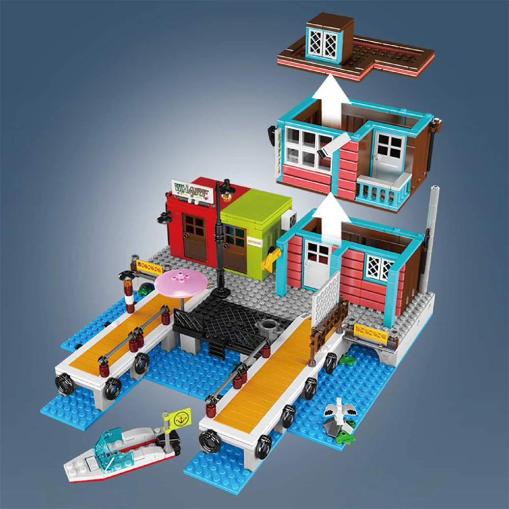 Juego de bloques de construcción de hotel de muelle de arquitectura creativa, modelo de exhibición de ensamblaje DIY, regalo para niños y niñas