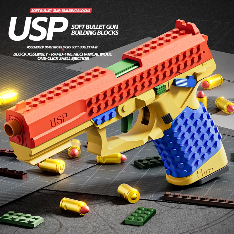 Pistola de juguete de bloques de construcción USP con expulsión de casquillos, disparo continuo, airsoft, blowback, pistola de juguete con casquillos colgantes para juegos CS al aire libre, regalo