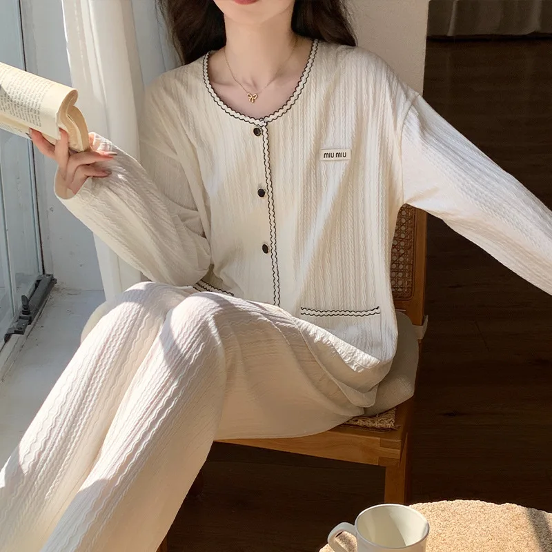 2024 New Autumn And Winter Sleepwear For Women, Sweet Style Long Sleeved Pants Two-piece Set, Simple Fashionable Home Clothe