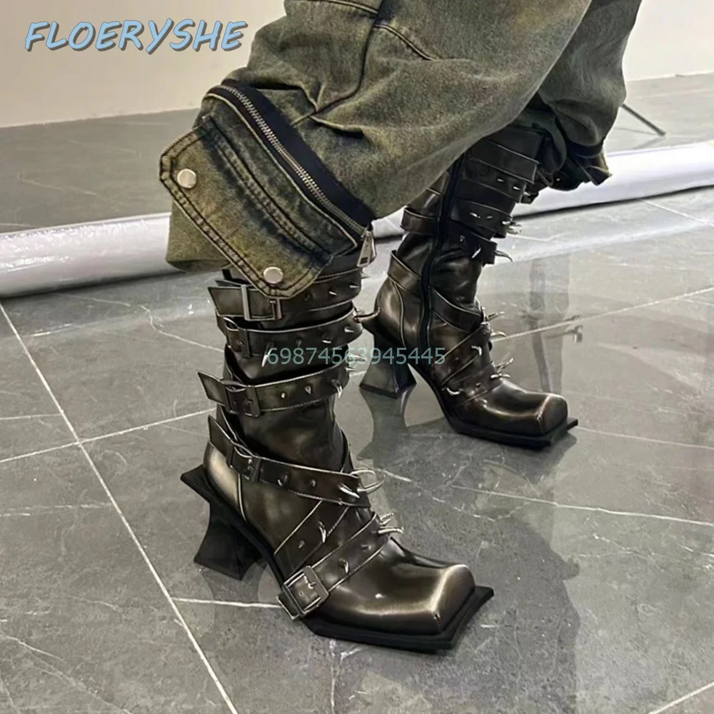 Rivet Punk Thick Boots Mid-calf Cross-Tied Belt Buckle Zipper Winter Women Boots Sqaure Toe Special Heeled 2024 Fashion Shoes